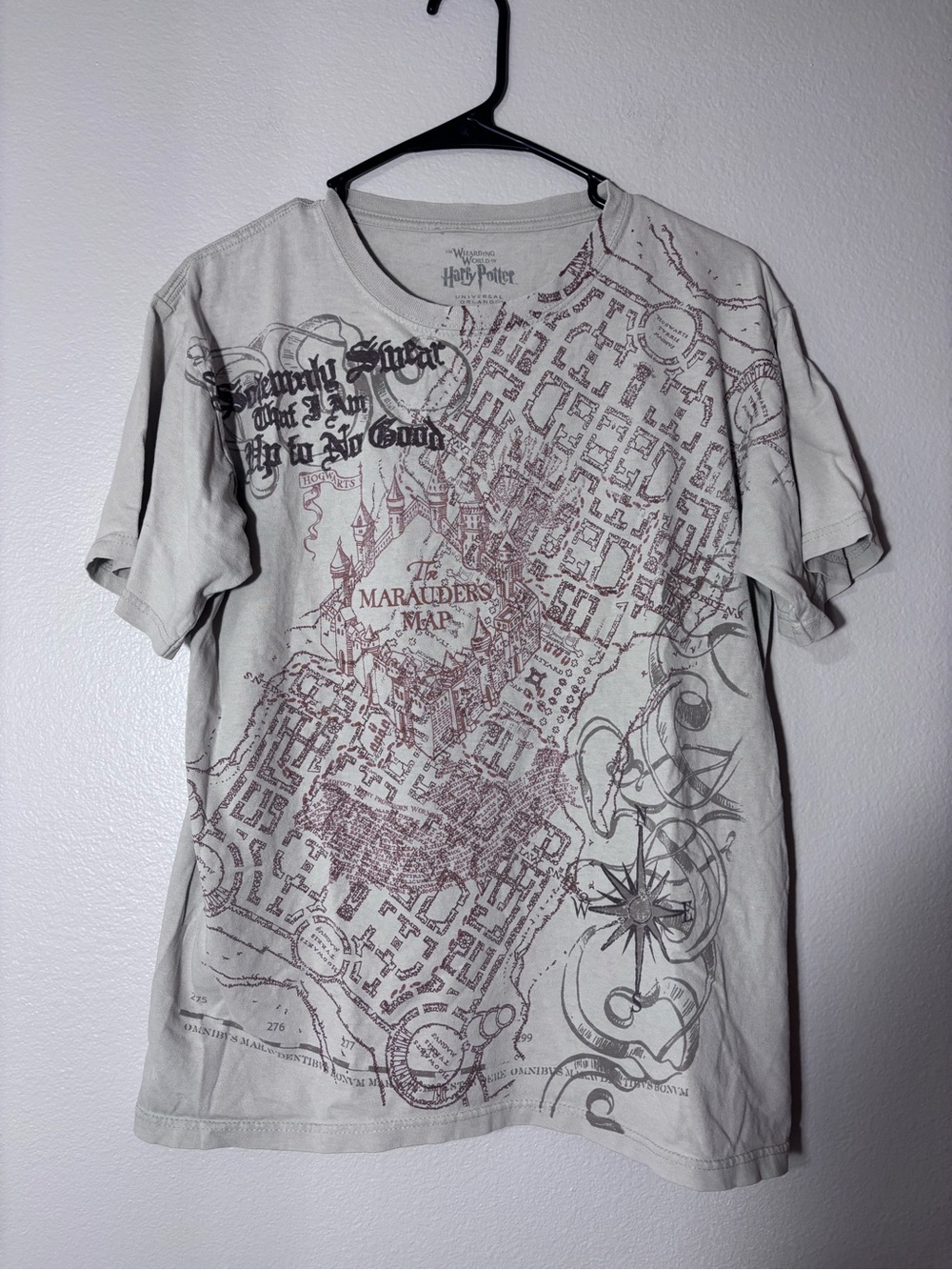 Harry Potter Marauder's Map Short Sleeve Tee - Light Gray with Brown Print